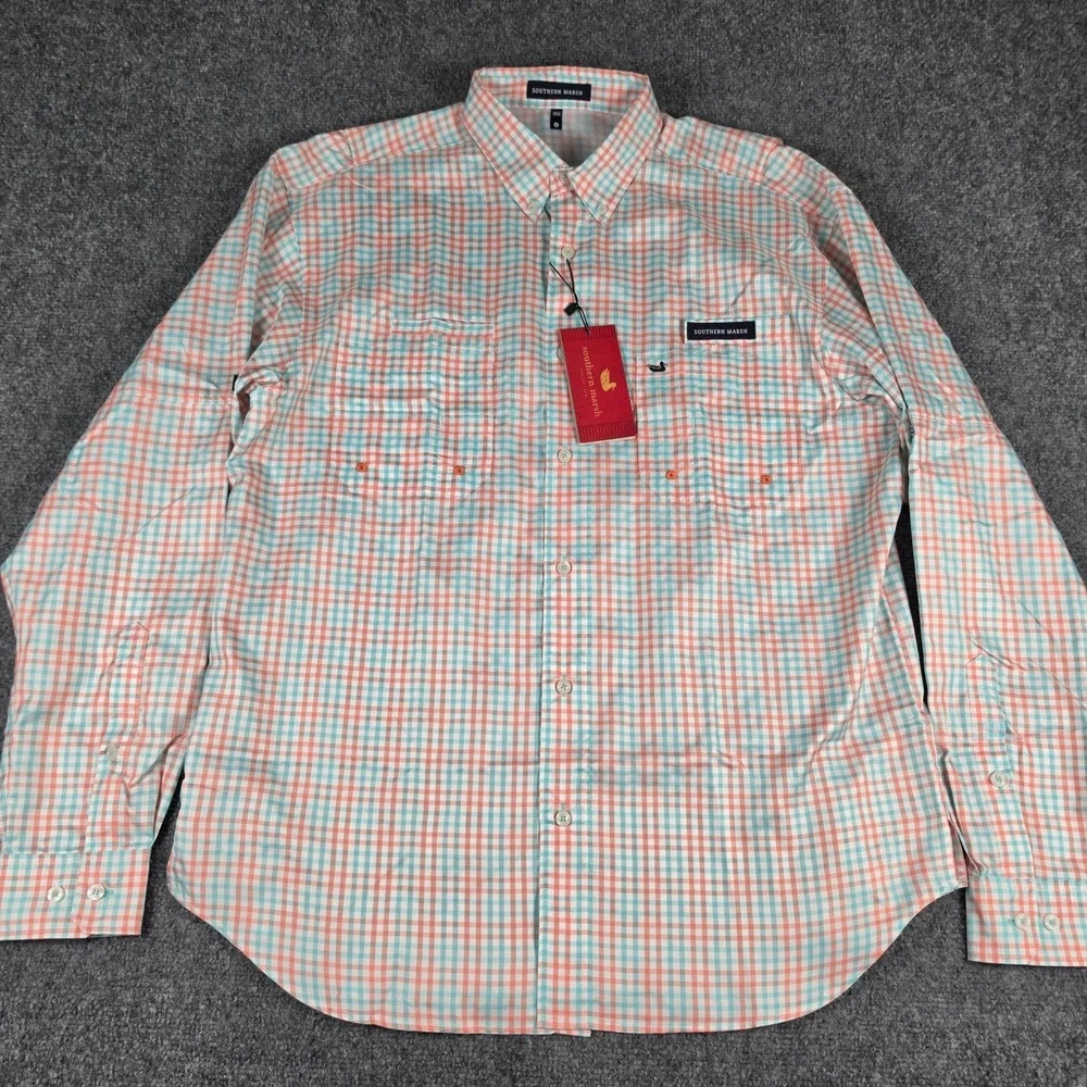 Southern Marsh‎ Harbor Cay Shirt Mens M Melon Teal Drake Grid Fieldtec NWT